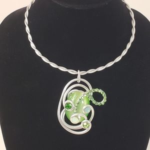 Jeff Lieb Designer Necklace Silver Tone Green Crystals Flexible Choker Signed